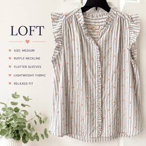 LOFT Striped Floral Embroidered Ruffle Sleeve Blouse Medium Cottagecore Boho